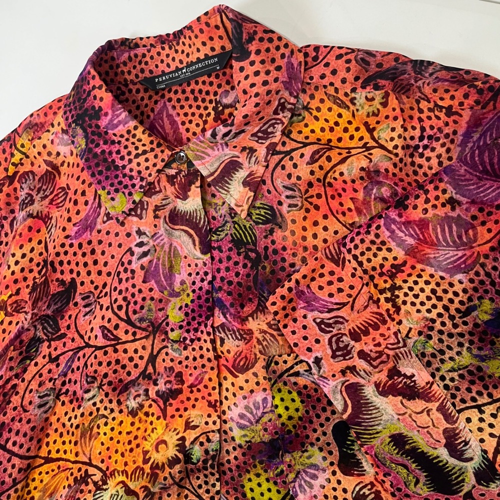 Peruvian Connection Floral Blouse Womens Medium Orange Viscose Boho Chic Resort